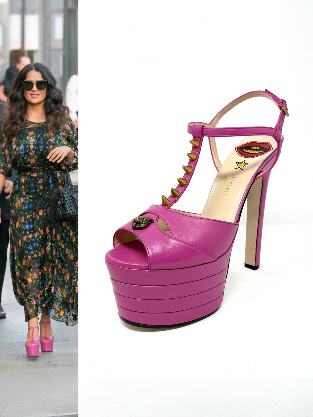 Gucci Angel Strappy Platform Tiger Spike High Heels Sandals Pink Purple Gold 38